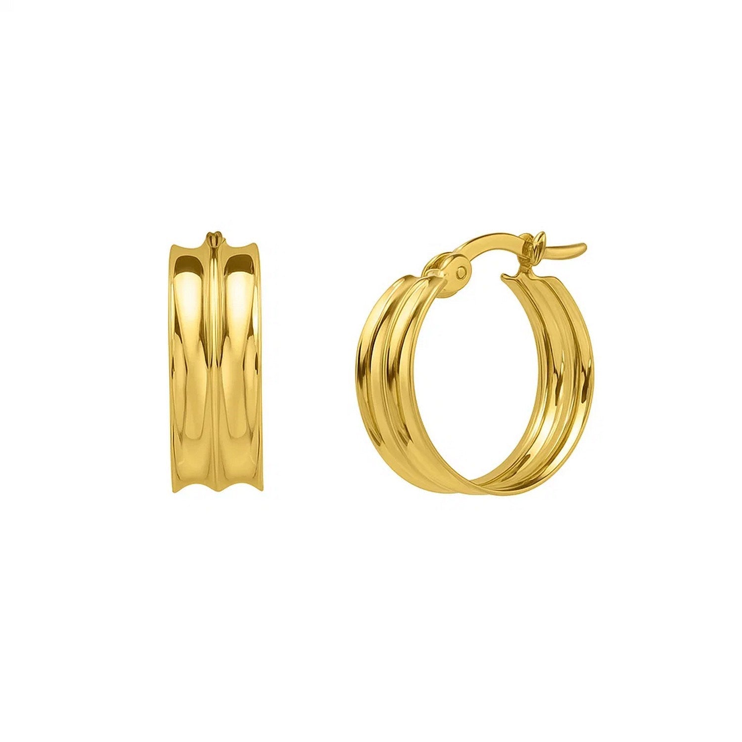 Medium Concave Hoop Earrings in 14K Yellow Gold in a sleek high-contrast midnight luxury editorial style
